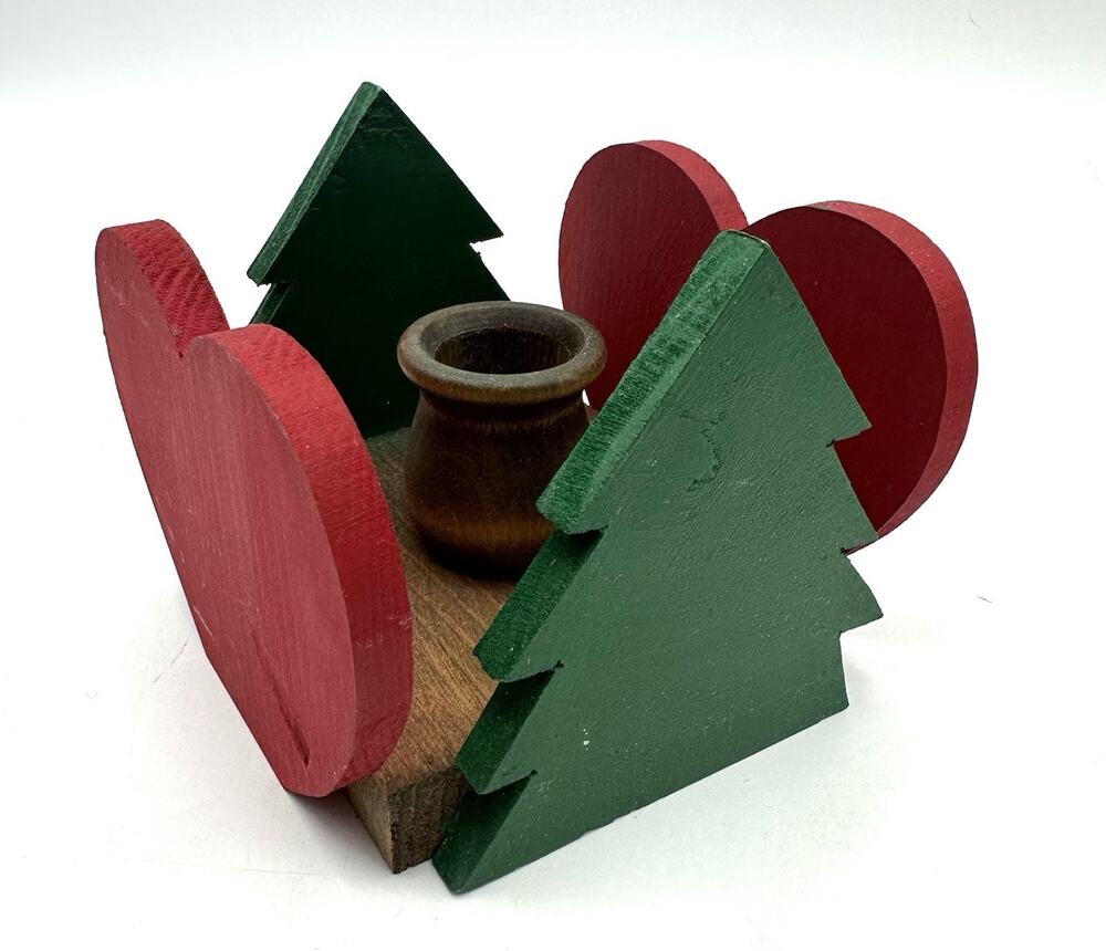 Vintage Christmas Tree & Hearts Wooden And Brass Candle Holder Grannycore